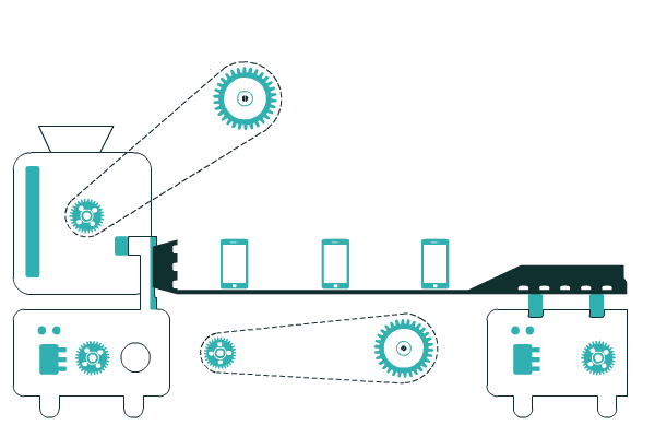 Animated illustration of a production line building mobile devices